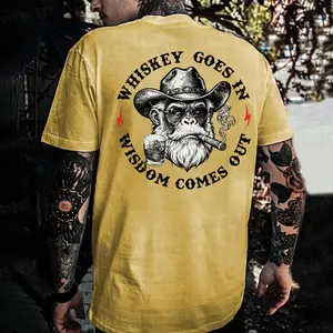 Whiskey Goes In Wisdom Comes Out Monkey T-shirt Cotton Menswear Top Man Tshirt Streetwear Tropical Crewneck Casual