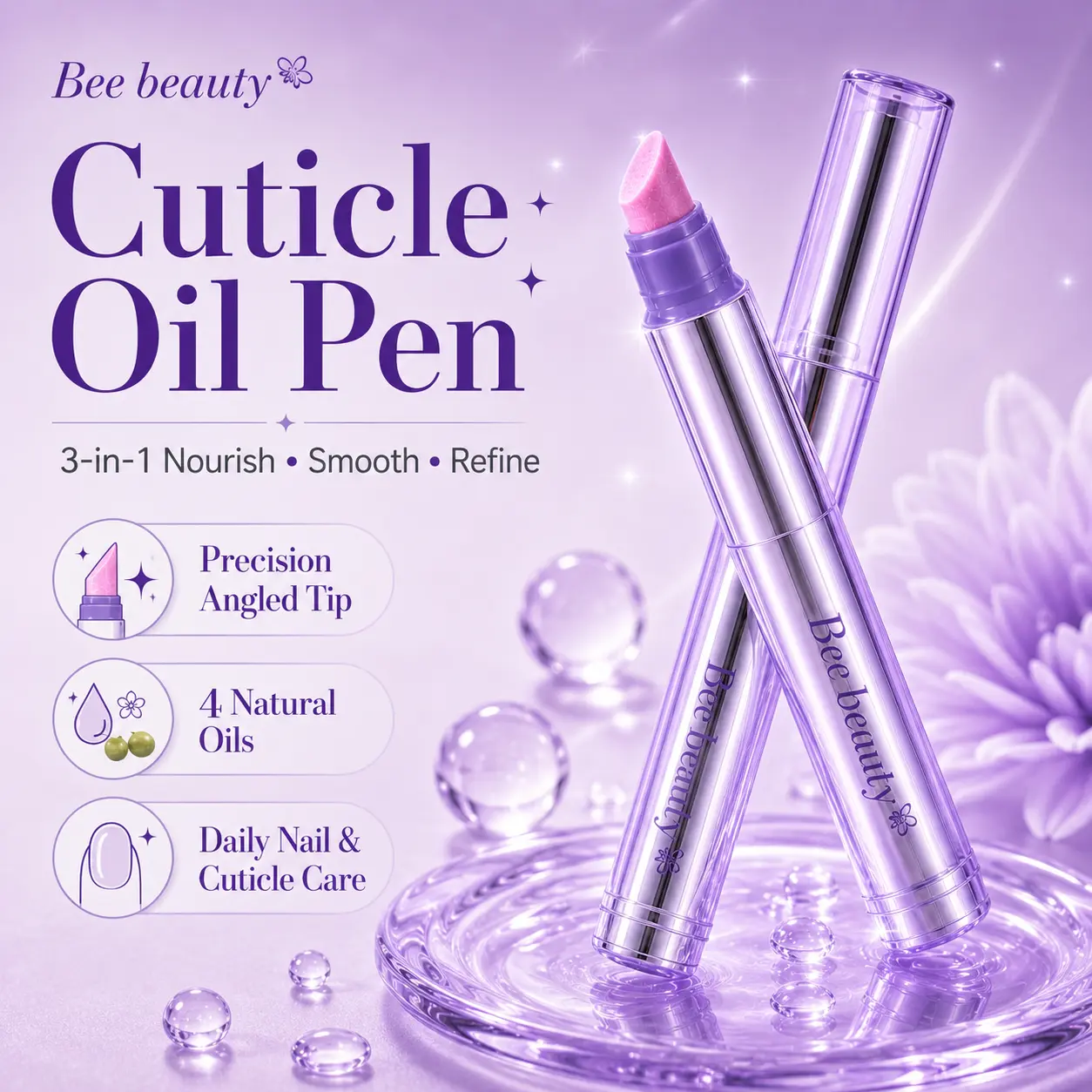 Bee beauty Cuticle Oil Pen | 3-in-1 Nourish Smooth Refine | Precision Angled Tip | Natural Oils for Daily Nail Care