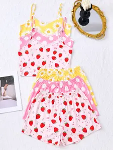 Women's Strawberry Print Lace Trim Tank Top and Shorts Pajama Set, Adjustable Straps, Comfortable Summer Sleepwear, Loungewear, Two-Piece, Cute, Aesthetic