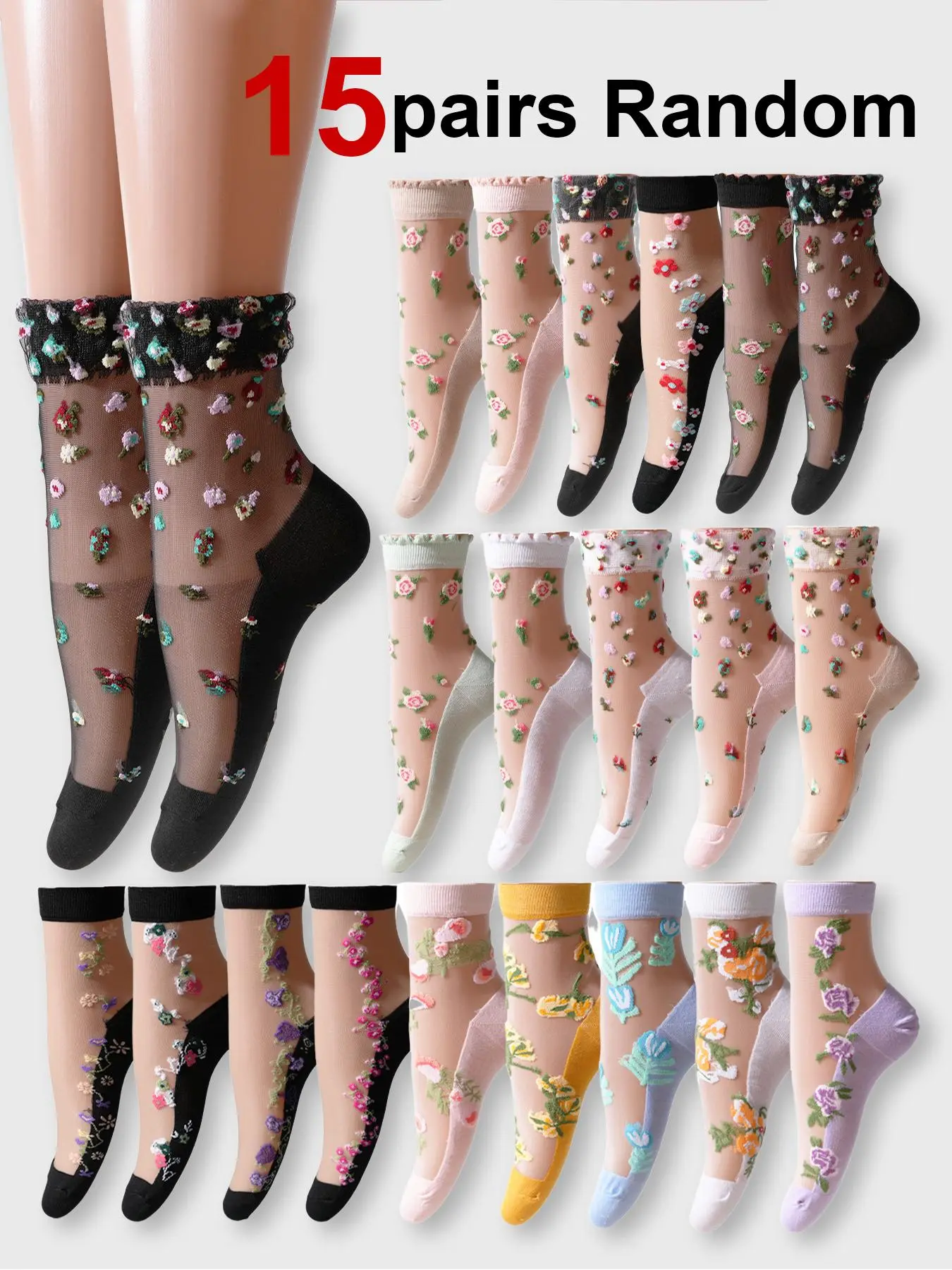 10/15 Pairs Women's Transparent Socks, Summer Ruffled Thin Cool Socks, Silk Satin Lace Anklet Cute Long Calf Socks