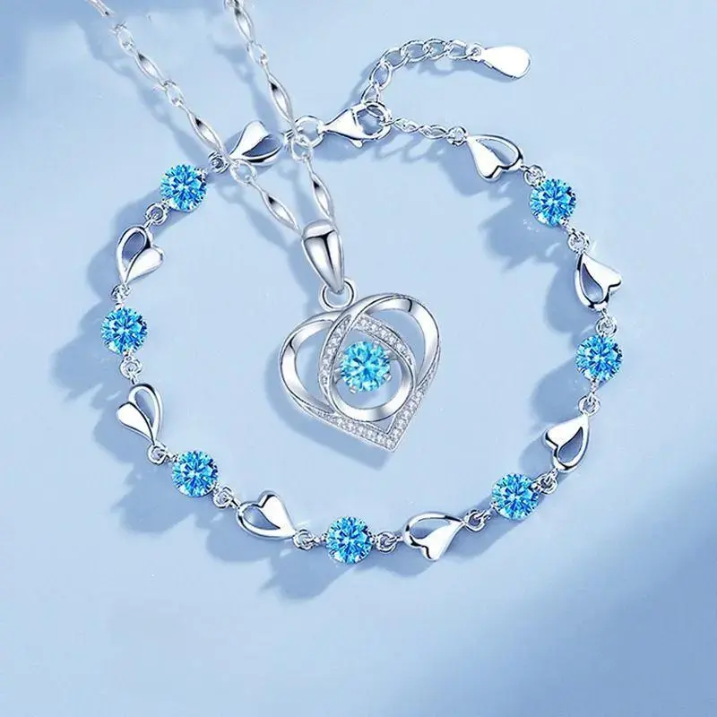Elegant Jewelry Set for Women, Sterling Silver Vintage Crystal Heart Pendant Necklace & Bracelet, Meaningful Valentine's Day Gift, Pendant Necklace Set, Valentines Day, Meaningful Gifts, Crystal Heart Necklaces