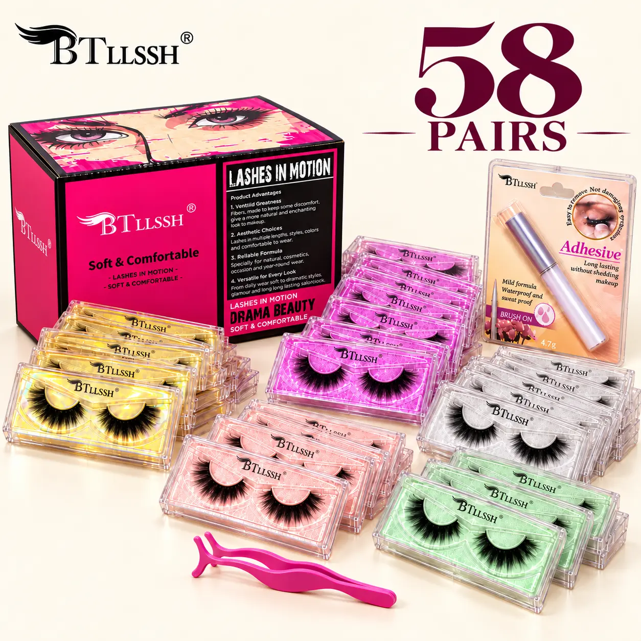 NO.5 BTllssh 58 Pairs Lashes Bulk Wholesale Fake Eyelashes 3D Lashes Pack Natural Cosmetic Makeup for Enhanced Look