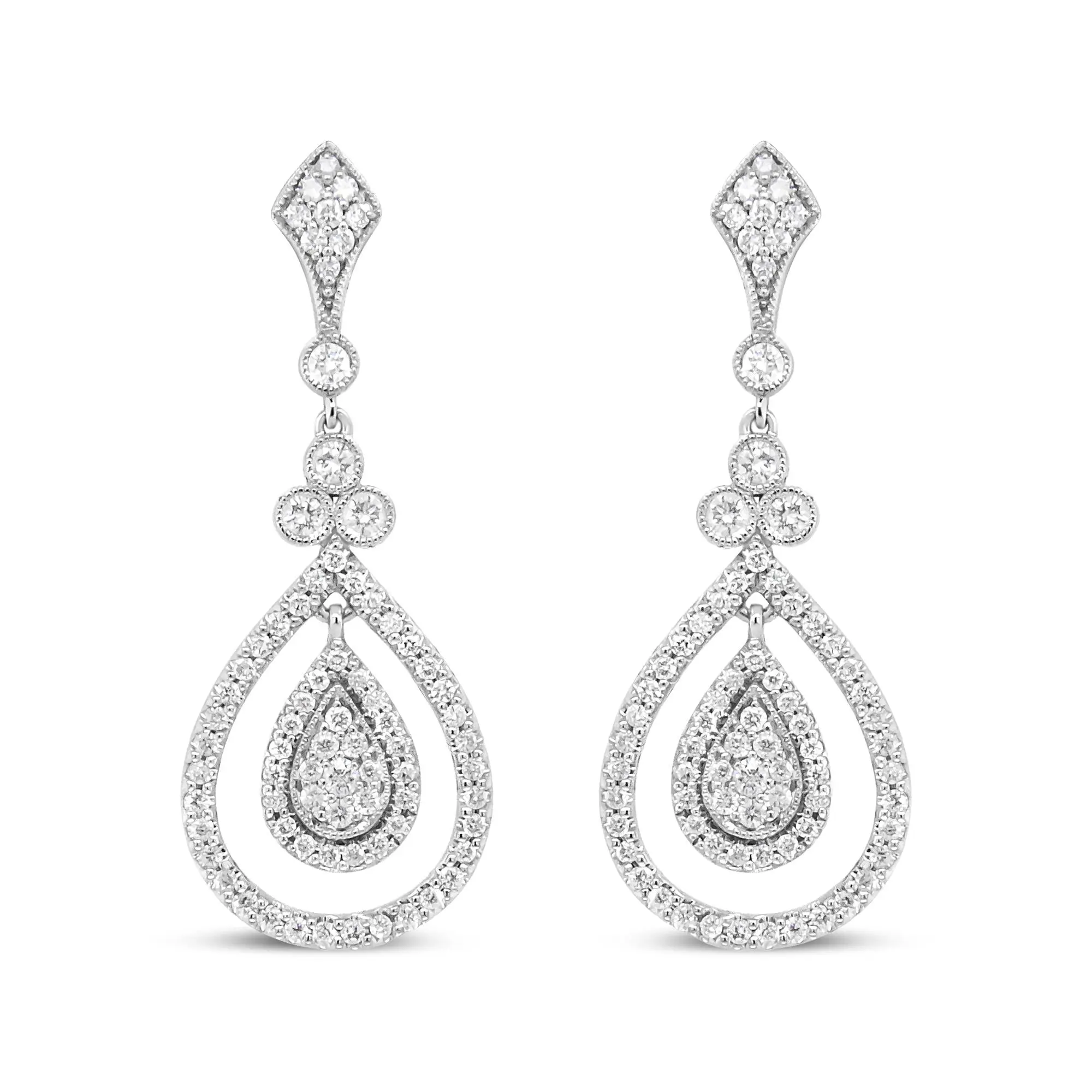18K White Gold 1 1/4 Cttw Round Diamond Openwork Teardrop-Shaped Dangle Earrings (F-G Color, VS1-VS2 Clarity)