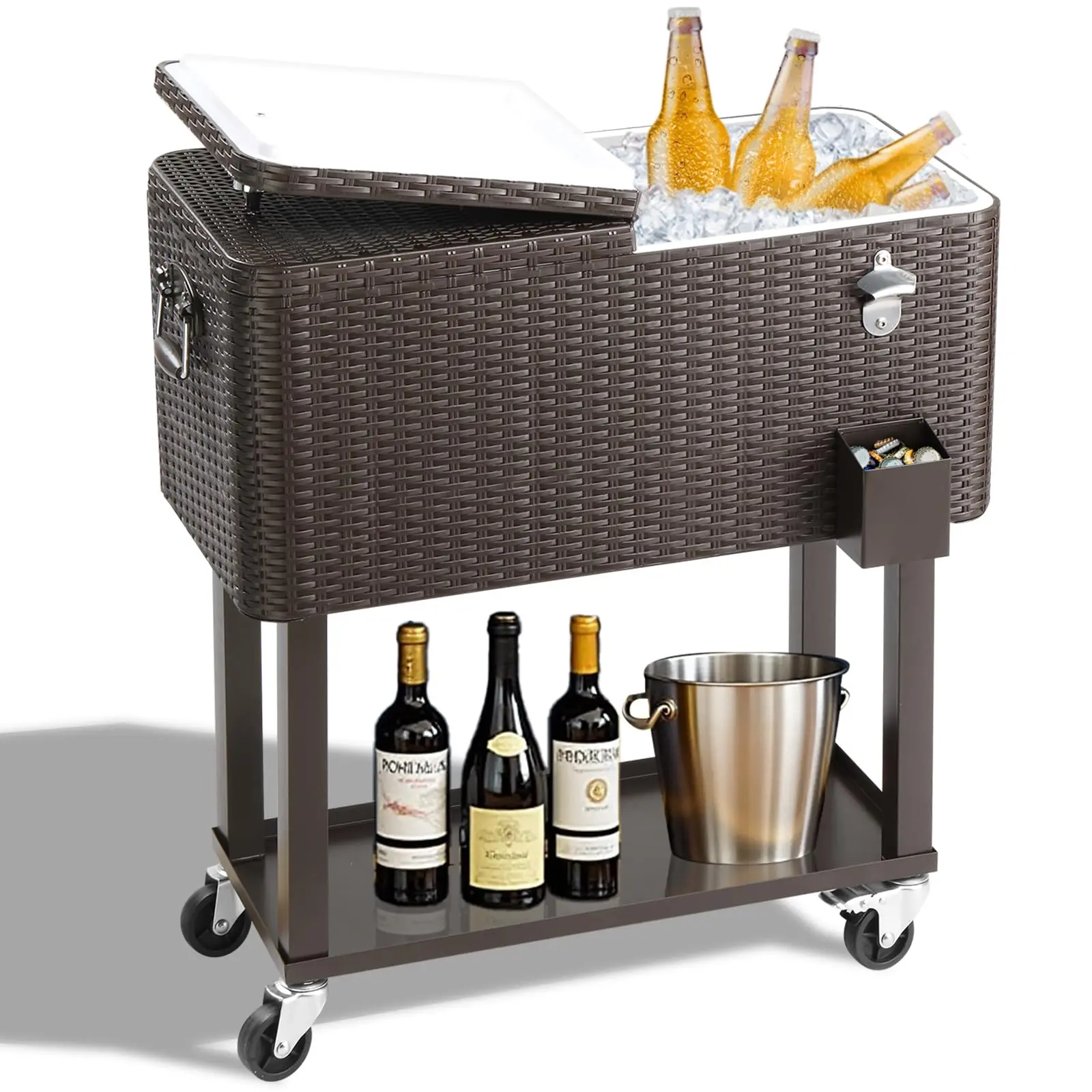 80 Quart Rolling Ice Chest, Portable Bar Drink Cooler with Catch Basin, Bottom Storage Tray and Bottle Opener for Patio Party BBQ Beach Activities outdoor freezer qt