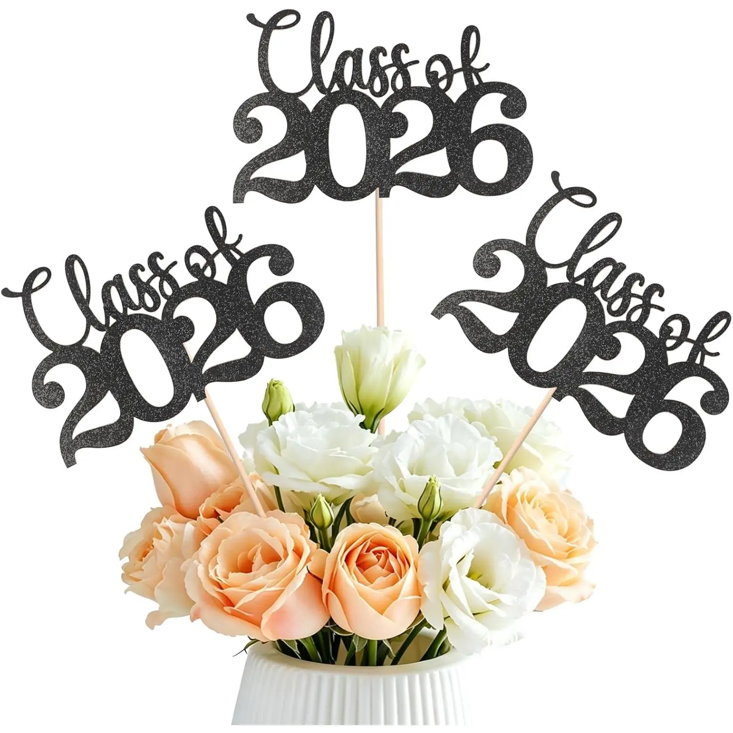 Class of 2026 Graduation Table Centerpieces Set - 24-Count Black Double-Sided Glitter Dots Ornaments with Sticks, Synthetic Floral Photo Accessories for Dessert Tables & Classroom Celebration Displays (Home & Festive Supplies)