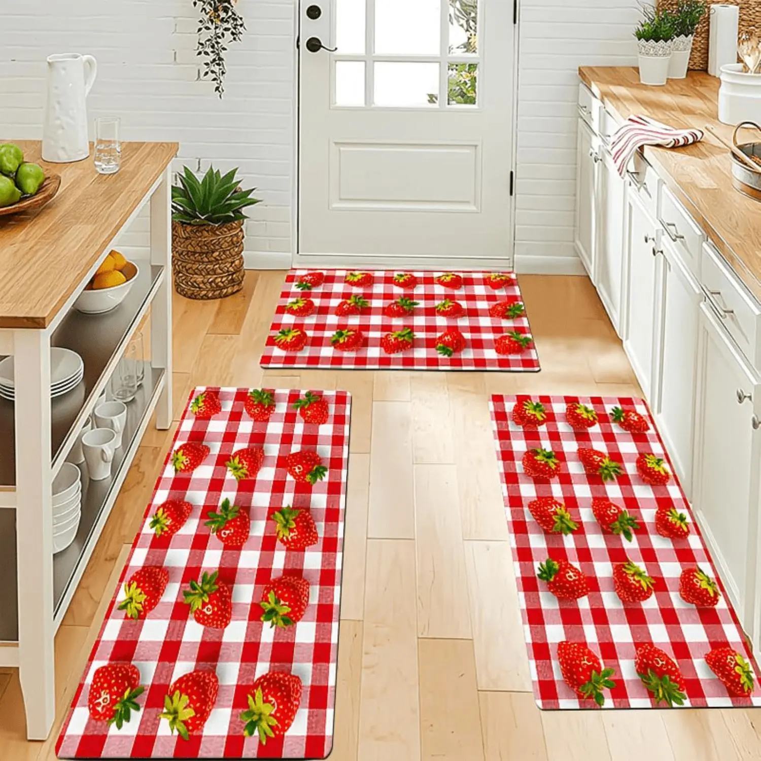 Strawberry Gingham - Soft Flannel Non-Slip Kitchen Mat with Strawberry & Checkered, PVC Backing Suitable for Bathroom, Bedroom, Porch - Machine Washable Spring/Easter/Valentine' Day Decor