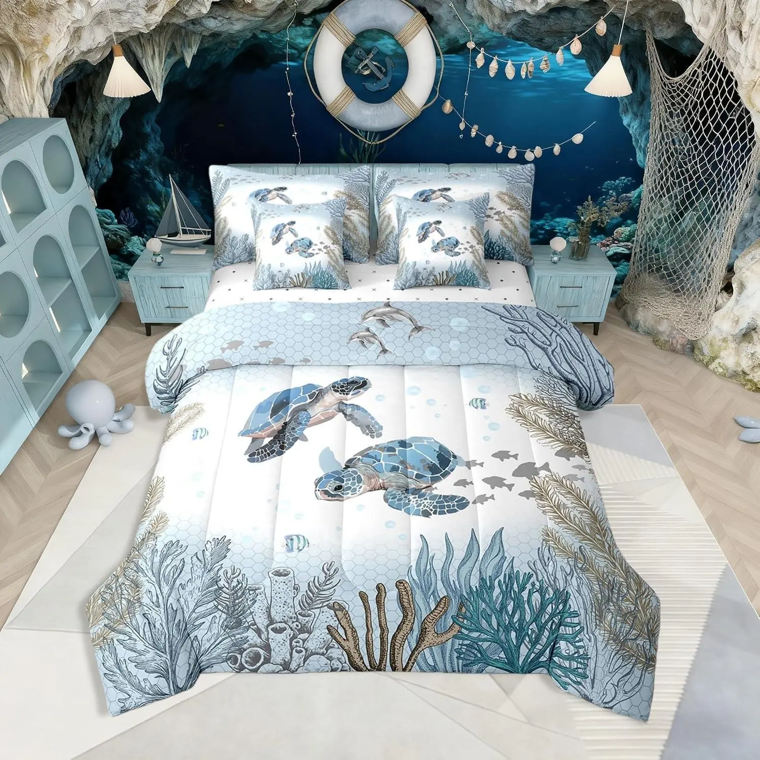 Sea Turtle Bed In A Bag 7 Piece Teal Blue Ocean Coastal Comforter Set With Sheets Underwater World Bedding Set Coral Reef Fish Bed Set Kawaii Marine Life Room Decor