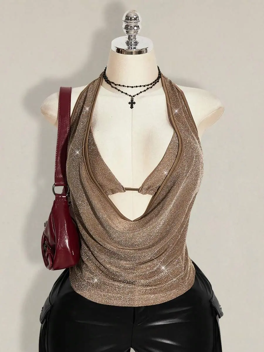 Plus Size 2pcs Summer Going Out Beach Hawaii Party Homecoming Concert Club Glitter Backless Women Tank Tops & Camis