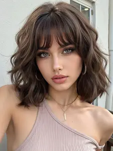 12-Inch Bangs Short Curly Bob Wig, Heat-Resistant Full Head Cap, Daily Wear Synthetic Fiber Hairpiece, Comfortable & Natural Look, Synthetic Wavy Hair, Bob With Bangs, Synthetic Curly Wigs