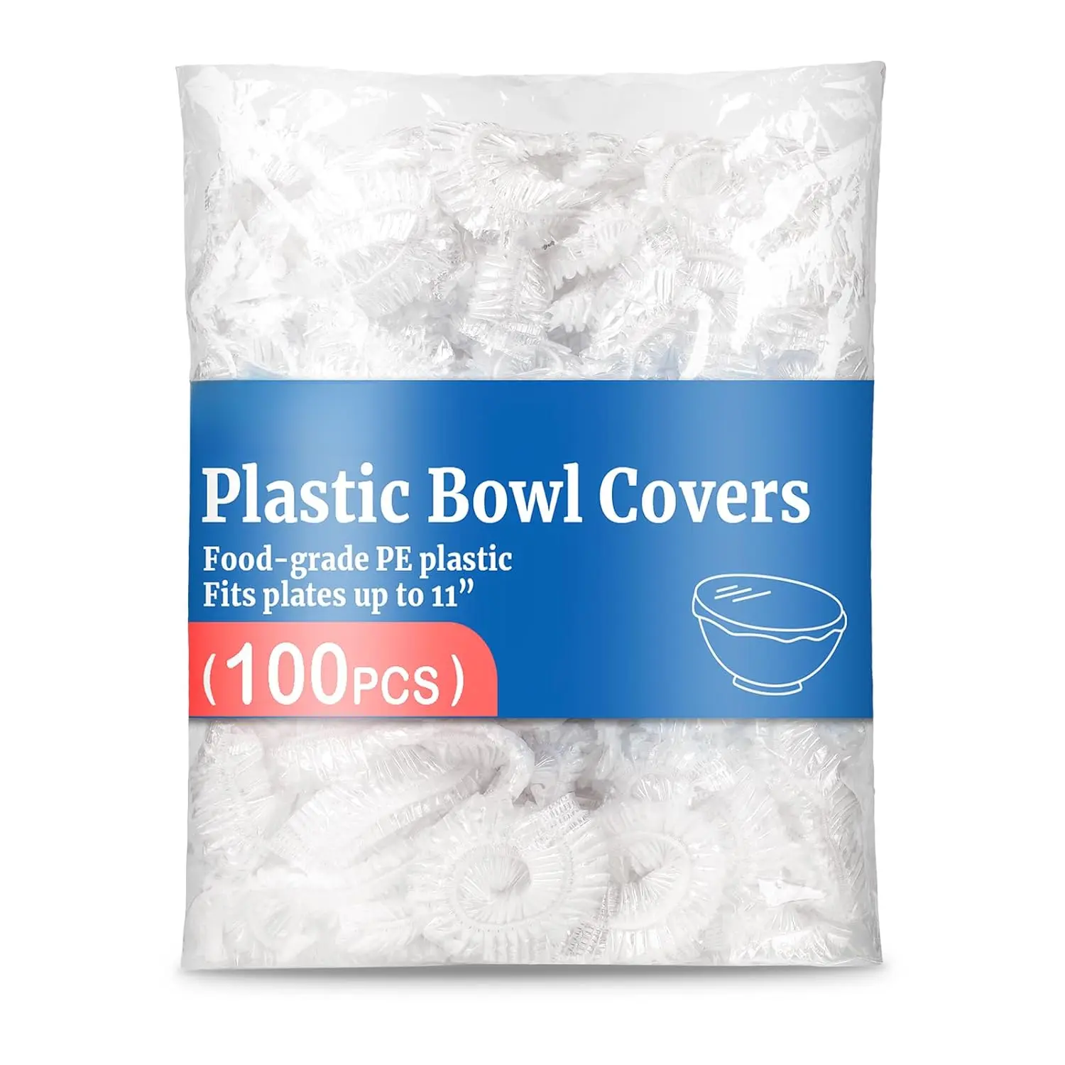 100-Count Reinforced Synthetic Plastic Bowl Covers, Elastic Band Stretch-and-Snap-On Fast Tear-Resistant Utensils & Containers Lids, Sturdy Transparent Fridge Storage with Slip-Proof Seal, Fits Up to 11" Bowls, Quick Food ID, Kitchen Household Essentials