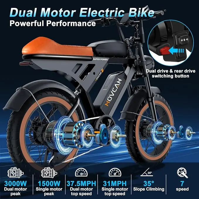 【Movcan】V30 Pro Max Series Electric Bike for Adults, Peak Power 3000W, 20" Fat Tire Ebike, Top Speed 37.5MPH, Range 120Miles, 48V 20Ah Dual Removable Battery， Motorcycle Ebike for Commuting/Off-roading,UL 2849 Certified ebike