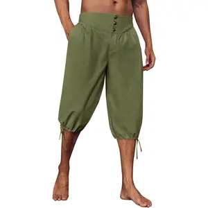PASLTER Mens Pirate Pants Renaissance Medieval Colonial Costume Knight Halloween LARP Lace Up Shorts Menswear Tropical