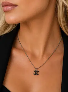 Pre-owned Chanel Silver Pendant Necklace w/ Black Rhinestones