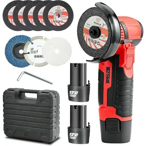 12V Mini Cordless Angle , 3-Inch Compact Power Cut-Off Tool with Brushless , 19500 RPM, 2 count 1.5Ah  and 8 count  Wheels for Metal Polishing,  , Red