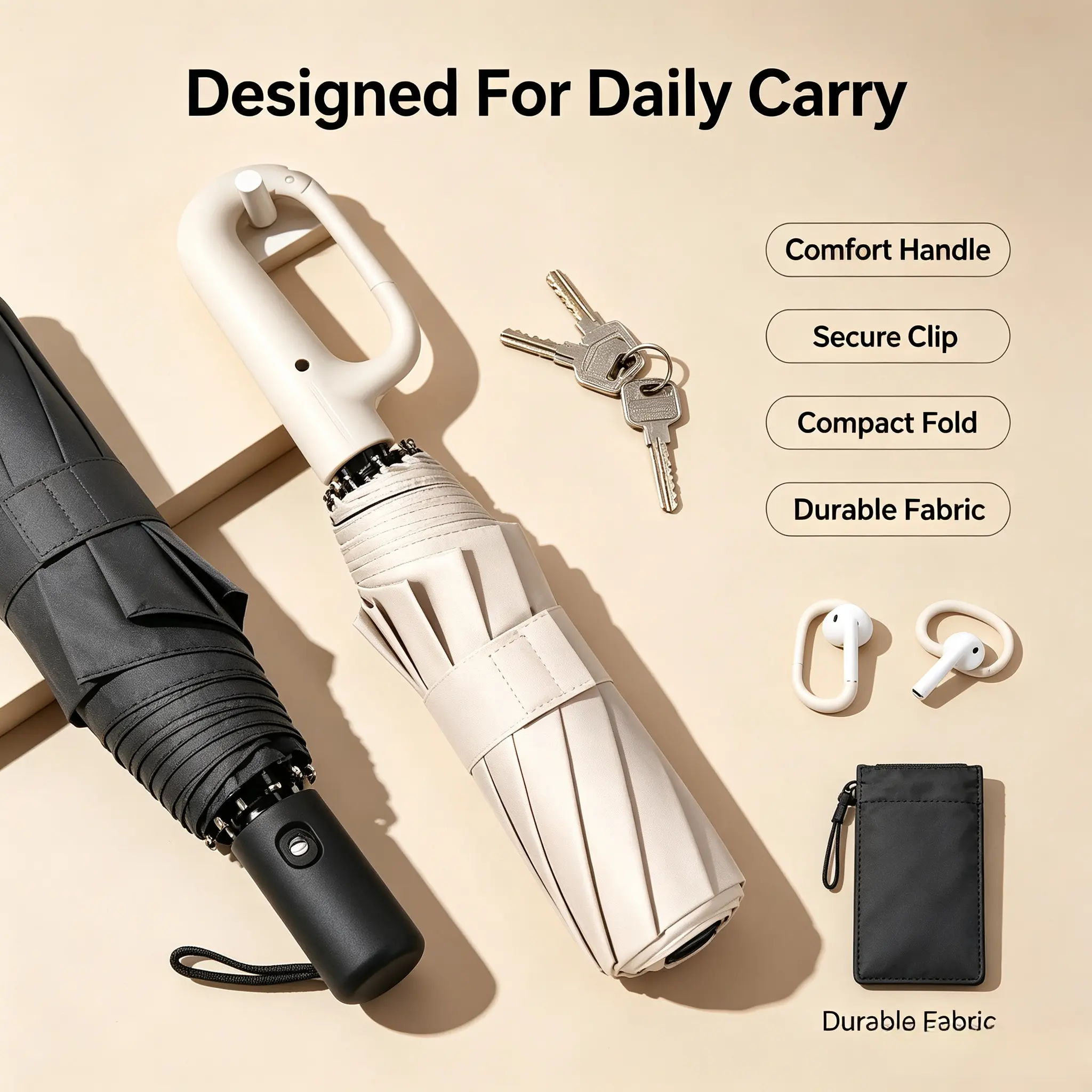 Auto-Open 3-Fold Umbrella, UPF 50+ Black Coated Sun-Rain Dual-Use, 10 Fiber Ribs 120cm Large Windproof Canopy, Portable Hanging-Loop Handle, Custom Logo for Commute Business Gifts
