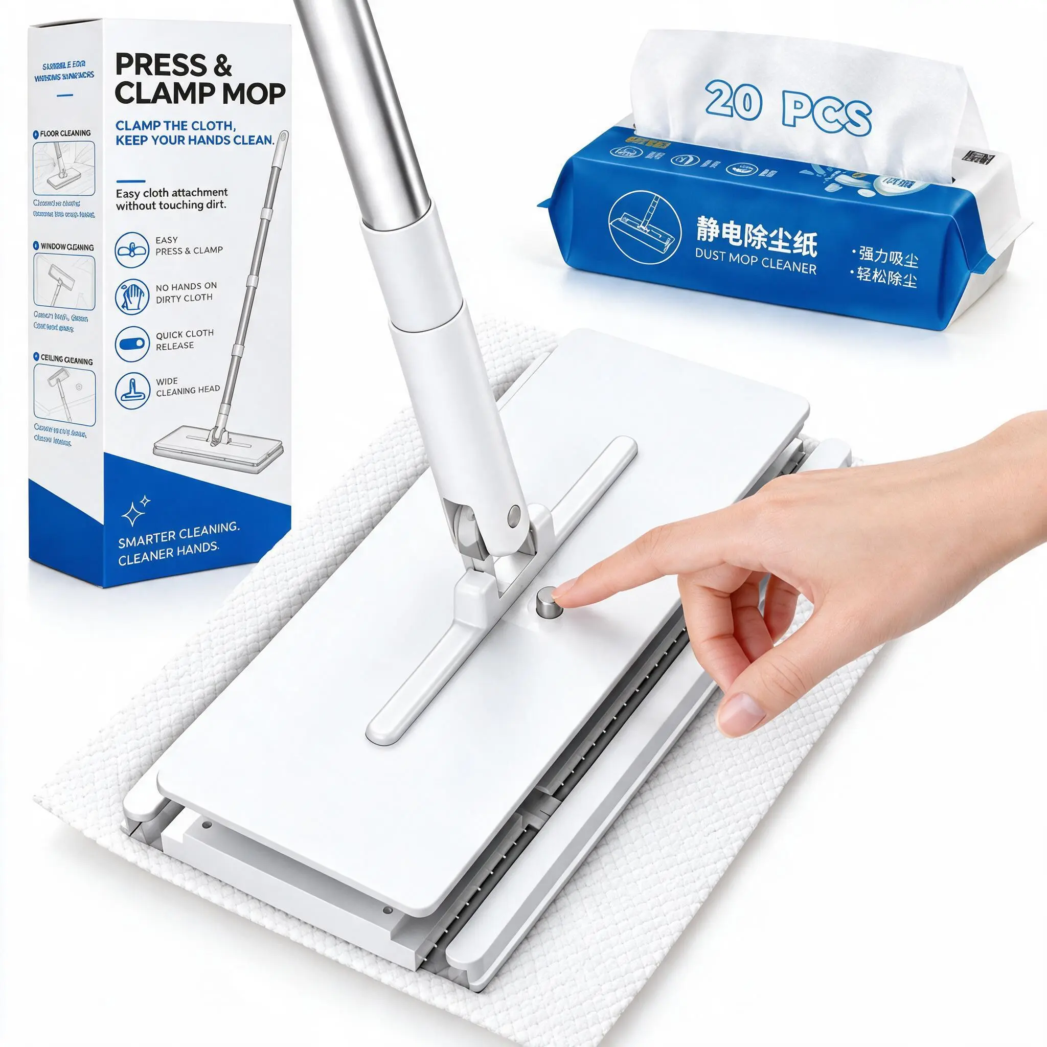 Hand-free Mop with  Dry Dusting Sheets, Detachable Full-Size Mop Head, No-Touch Cloth Changing, Wet & Dry Cleaning for Floors, Walls, Windows & Corners