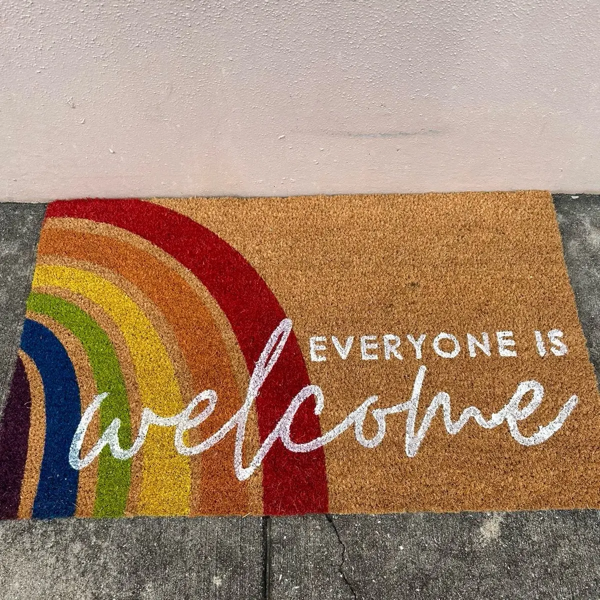 Pride rainbow Everyone is Welcome door mat.