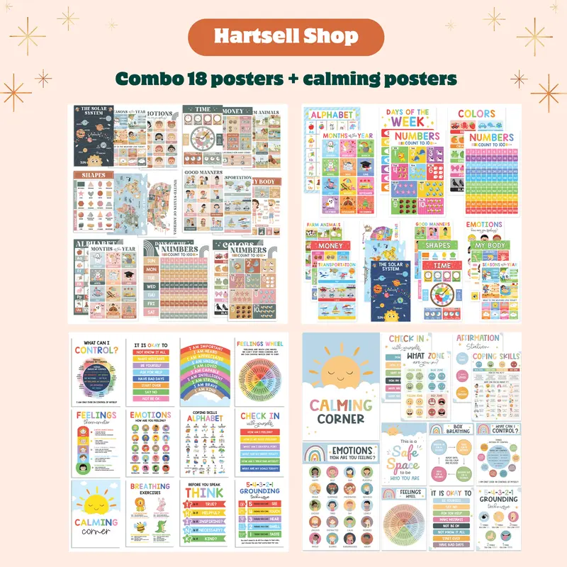 18 Laminated Educational Posters and 12 calming posters for Kids | Preschool, Kindergarten, and Homeschool | Gift for kids