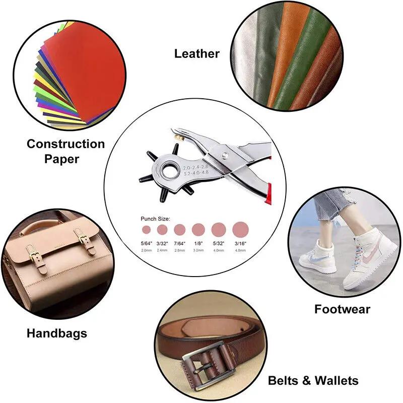 Labor-Saving Multifunctional Leather Punching Pliers, Heavy Duty Revolving Hole Punch Tool with Non-Slip Handle for Belts, Watch Straps, Dog Collars, Crafts & Office Use