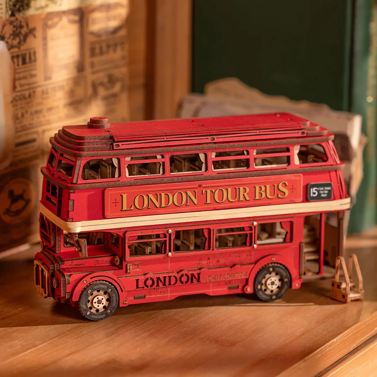 Rolife London Tour Bus 3D Wooden Puzzle TGM02 3D Puzzles for Adults Wooden Puzzle London Tour Bus DIY Model Kit to build Educational Brain Teaser Toy for Kids Craft Decor Gift