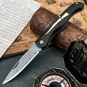 Outdoor High-Quality Hiking Fishing Damascus Folding Pocket Knife, Damascus Blade, Ebony Handle, Everyday Carry Camping Trekking Knife, Stainless Steel Tool