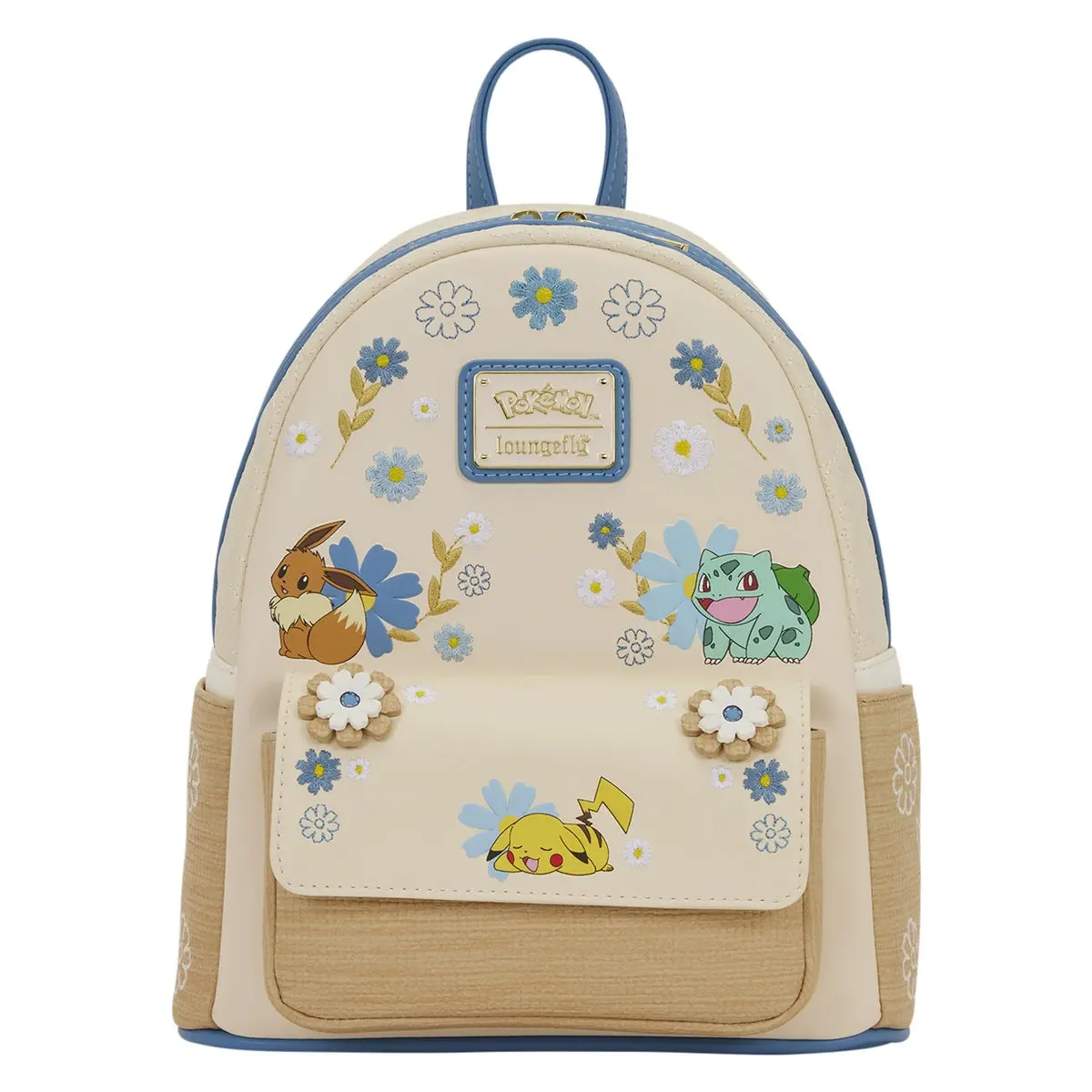 Pokémon Cute Backpack with Floral Embroidery, Quilted Front and Woven PU Trim - Mini Bag with Top Handle