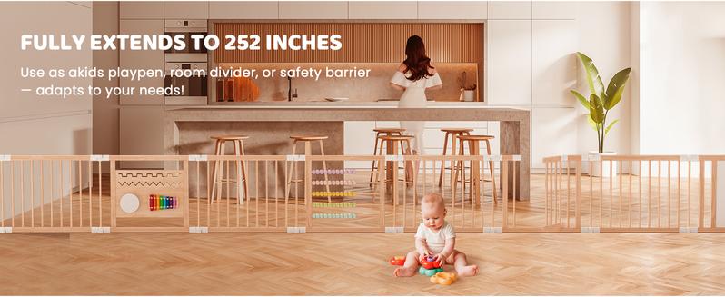 Naudacaa Baby Playpen & Safety Gate, 6/8/10 Panels  Foldable Pine Wood Play Yard with Child-Proof Lock, Easy-Assembly Baby Fence for Indoor Safe Play