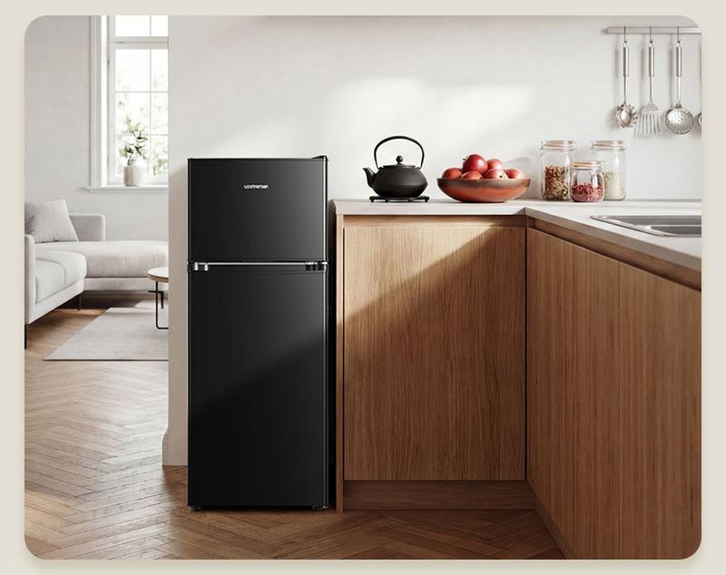 Upstreman 4.0 Cu.Ft Double Door Portable Refrigerator with Freezer, Stainless Steel, Large Capacity, Adjustable Thermostat, Energy Efficient, Quiet Operation