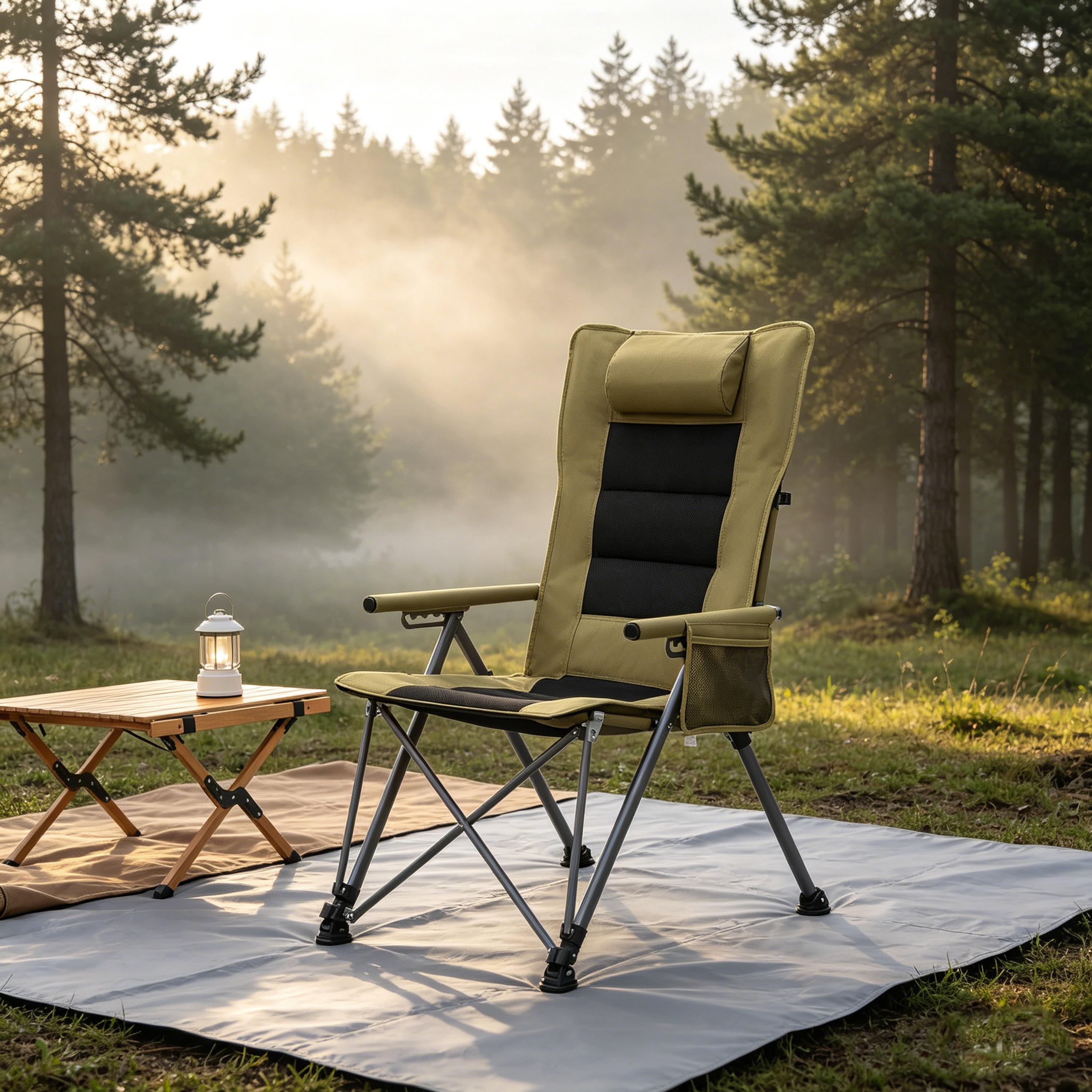 5-Position Adjustable Reclining Camping Chair, Side Pocket & Carry Bag, Heavy Duty , Portable Outdoor Chair for Beach, Camping, Patio, pillow