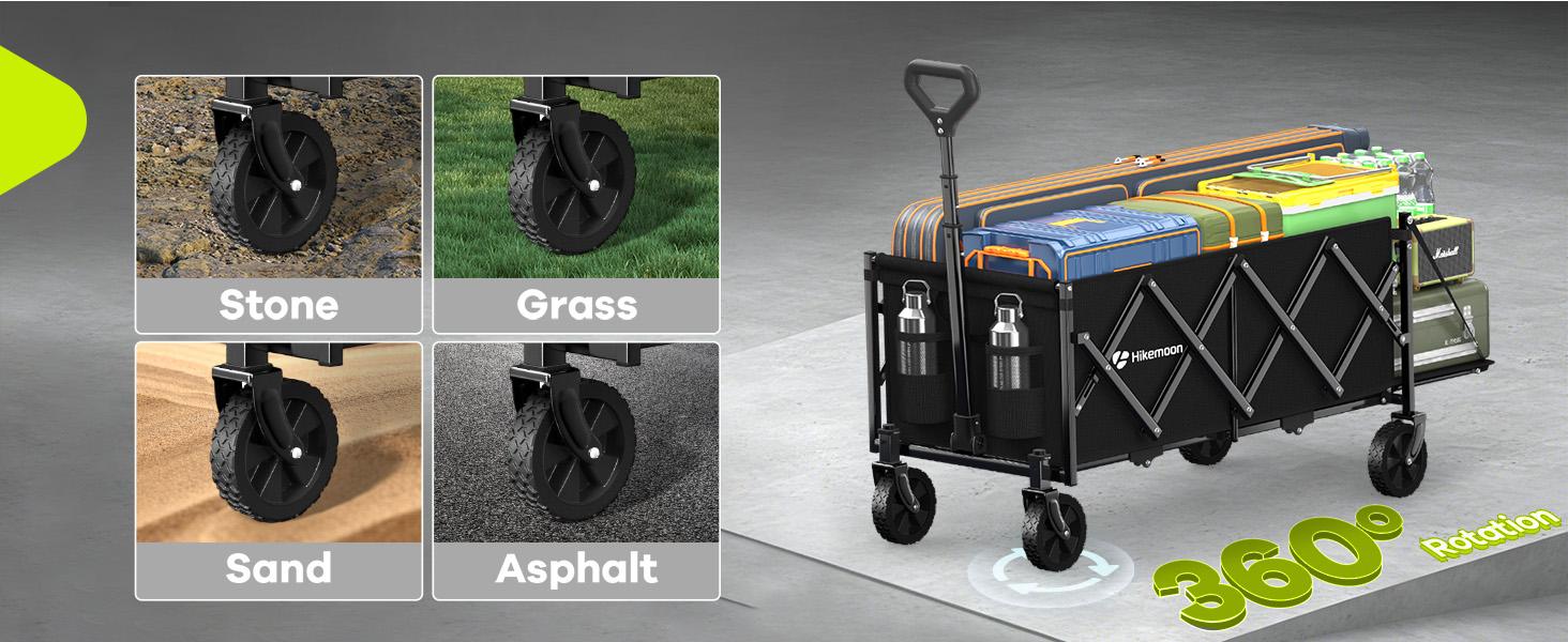 Hikemoon Collapsible Gardening Wagon Cart - 360 lbs Capacity, 43" Extra Long, 360-Degree Wheels, Extended Tailgate, 14 lbs, 12-Month Coverage, Metal Frame, 150L Folding Pack, Portable Cargo Hauler for Grocery Shopping,Camping,Black&Pink, Swivel