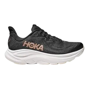Hoka Clifton 10 Women's Running Sneakers Black Rose Gold Laces All Seasons Plush Cushioning Soft EVA Midsole Durable Outsole