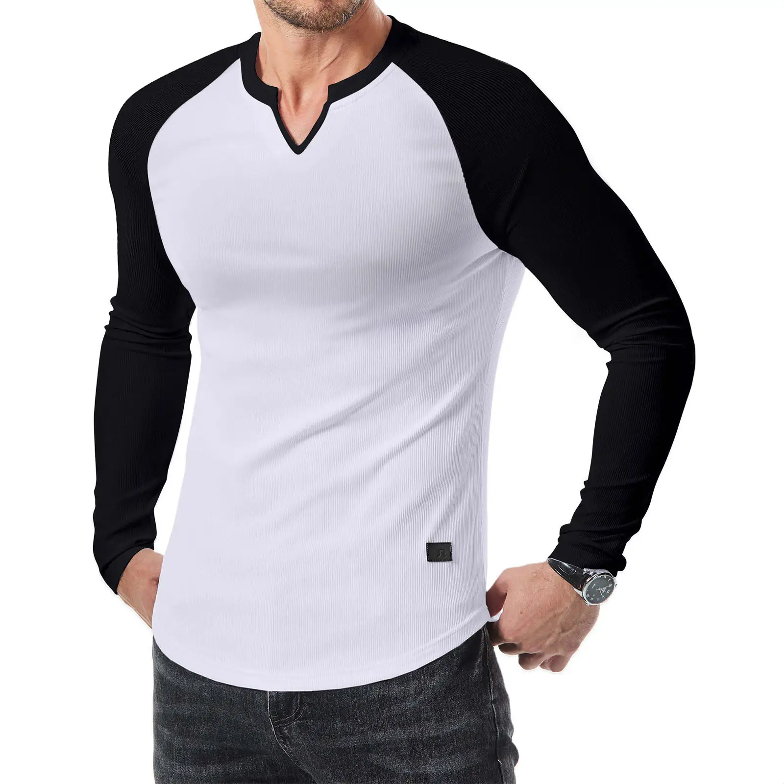 JMIERR Mens Long Sleeve Muscle T Shirts Casual V-Neck Longline Ribbed Tee Shirts