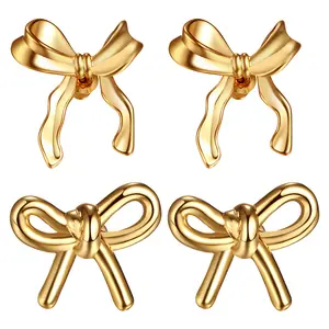 OIDEA 2 Pairs Gold Bow Ribbon Stud Earrings 14K Plated Cute Bow Knot Studs for Women Girls