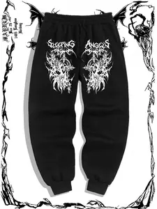 Men's Gothic Style Angel Wing Embroidery Sweatpants, Regular Fit Casual Comfy Jogger Pants for Daily Wear, Men's Trousers for Spring & Fall