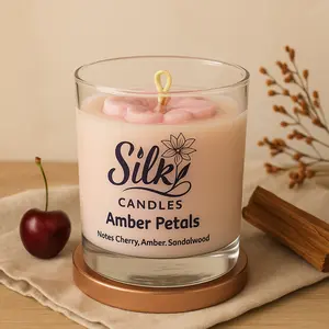 Silk Candles Amber Petals 8.6 oz Clear Glass Jar with Rose Gold Lid Romanti