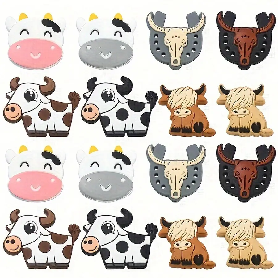 16 pieces of Western-style silicone beads mixed style cartoon cow jewelry for DIY keychains, mobile phone chains, jewelry bracelet crafting beads, and jewelry-making tools