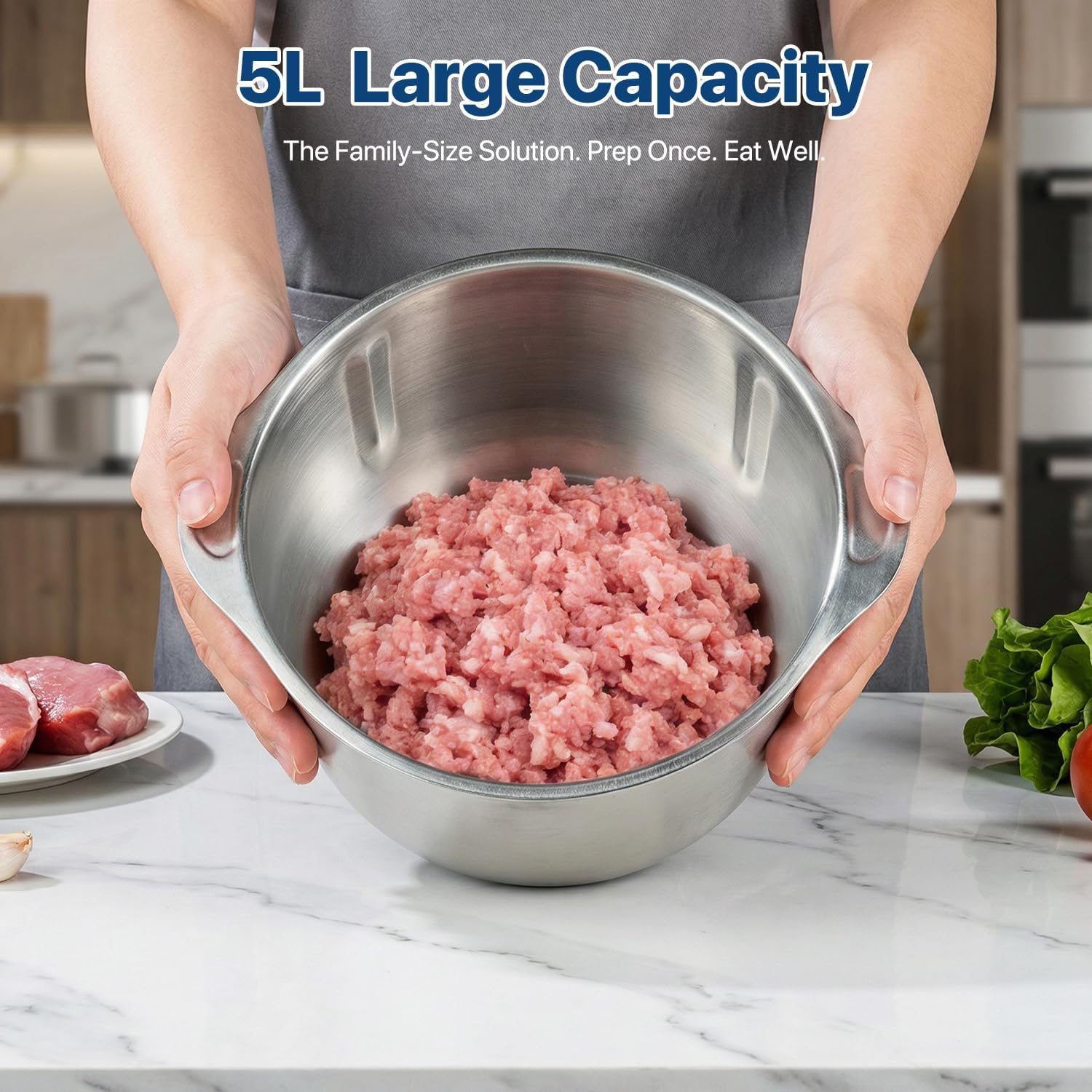 Stainless Steel Electric Meat Grinder, 5L Home Food Processor, Multifunctional Chopper Slicer