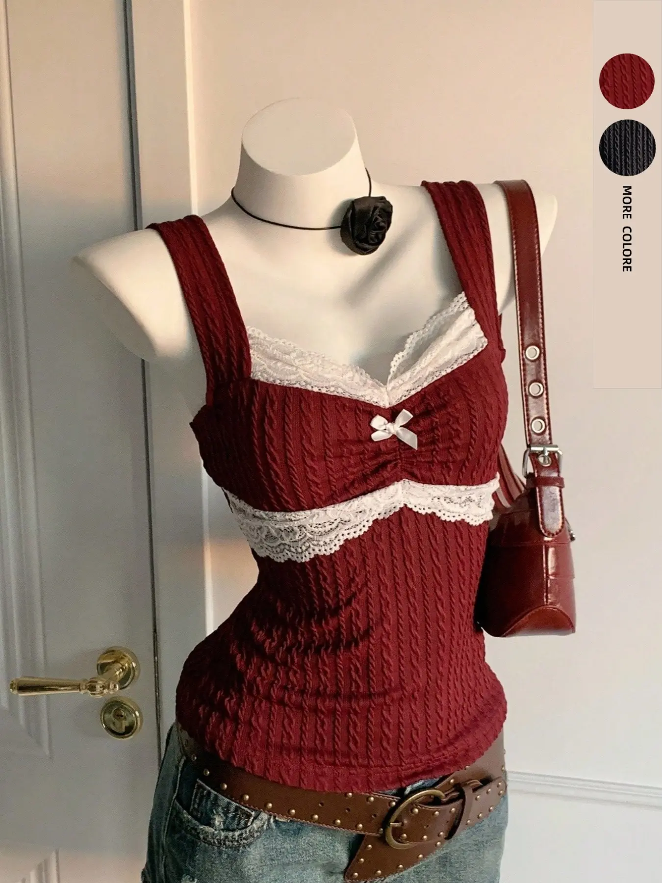 Y2K Style Women's Lace Trimmed Cami Top with Bow Detail, Sleeveless Slim Fit Casual Wear, Trend, Statement, Aesthetic, Perfect for Summer