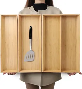 NEW BAMOTTO V-Shaped Bamboo Drawer Organizer Set of 3 Kitchen Large and Long Utensil Plate, Flatware&Silverware Storage Box, Wood Drawer Organizer for Bedroom, Living Room