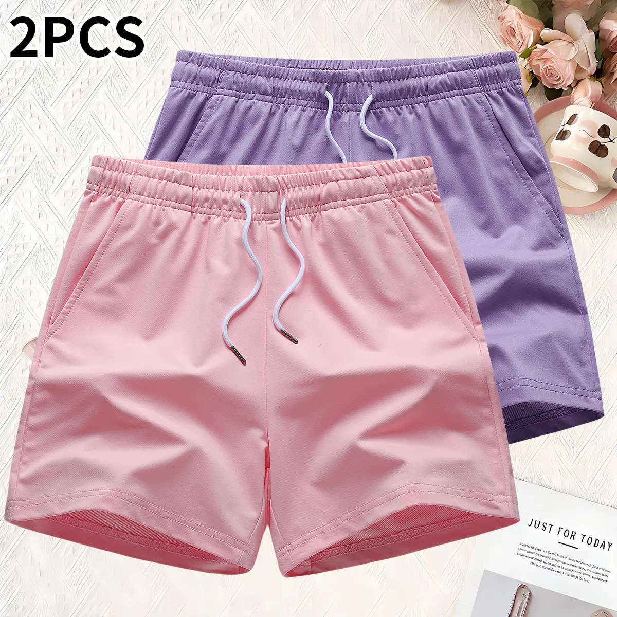 Women’s solid-color casual shorts set (2 pieces): drawstring elastic-waist running/fitness shorts; women’s activewear; training, home, and leisure shorts; summer new breathable loose shorts for running and workouts.