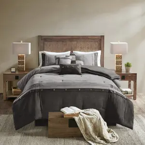 7 Piece Faux Suede Comforter Set - Lodge Cabin Style Grey Bedding Set with Decorative Buttons | Perfect Mother's Day Gift for Mom dreamy duvet