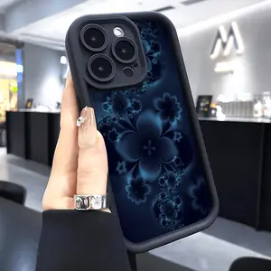 Dark Blue Flower Pattern Phone Case for iPhone 16 15 14 Pro Max 13 12 11 XR XS Plus Shockproof Non Slip Military-Grade Protection Silicone Cover Cellphone Protective