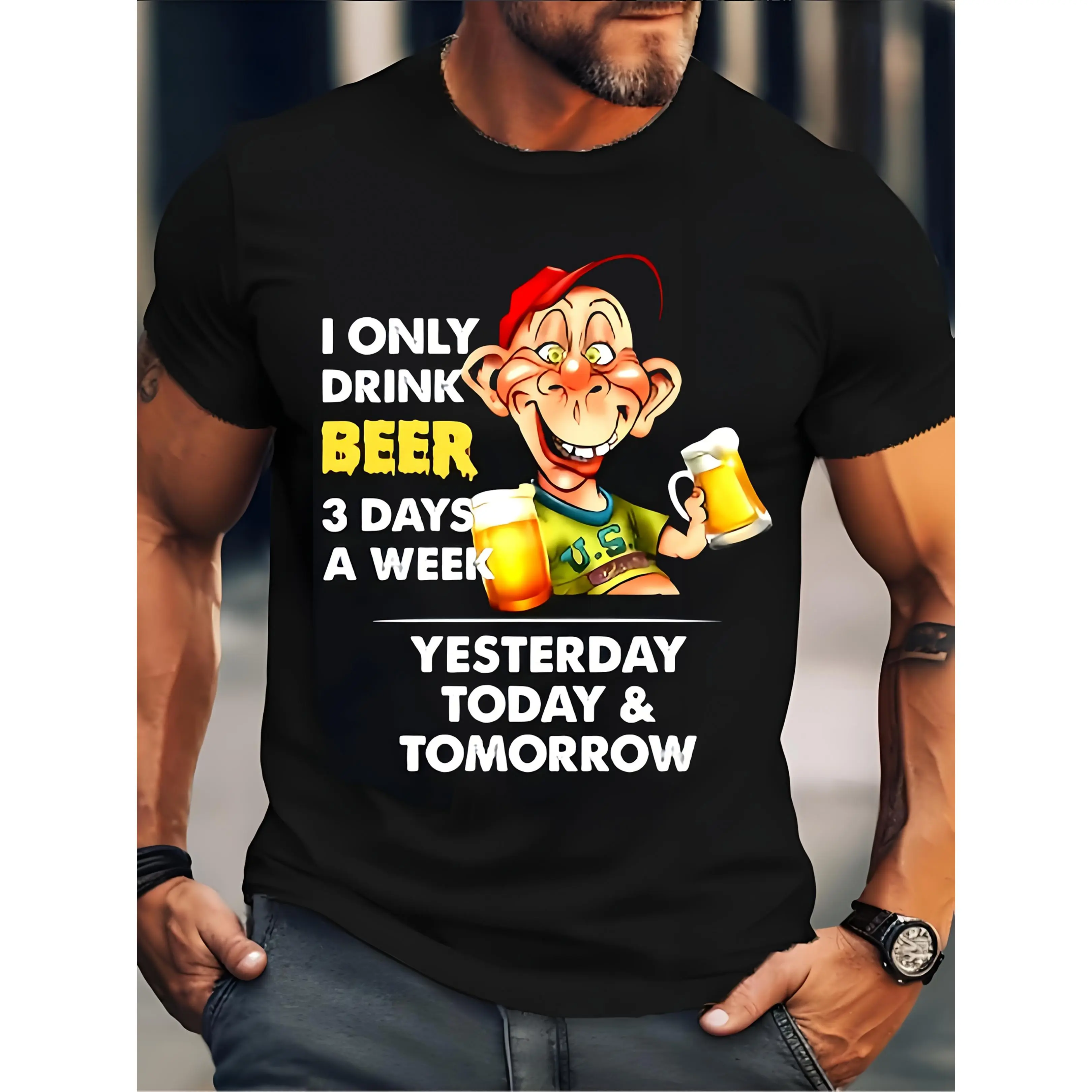 Men's Funny Graphic Tshirt with "I Only Drink for 3 Days" Print, Streetwear Round Neck Shortsleeve Menswear, Graphic T Shirts