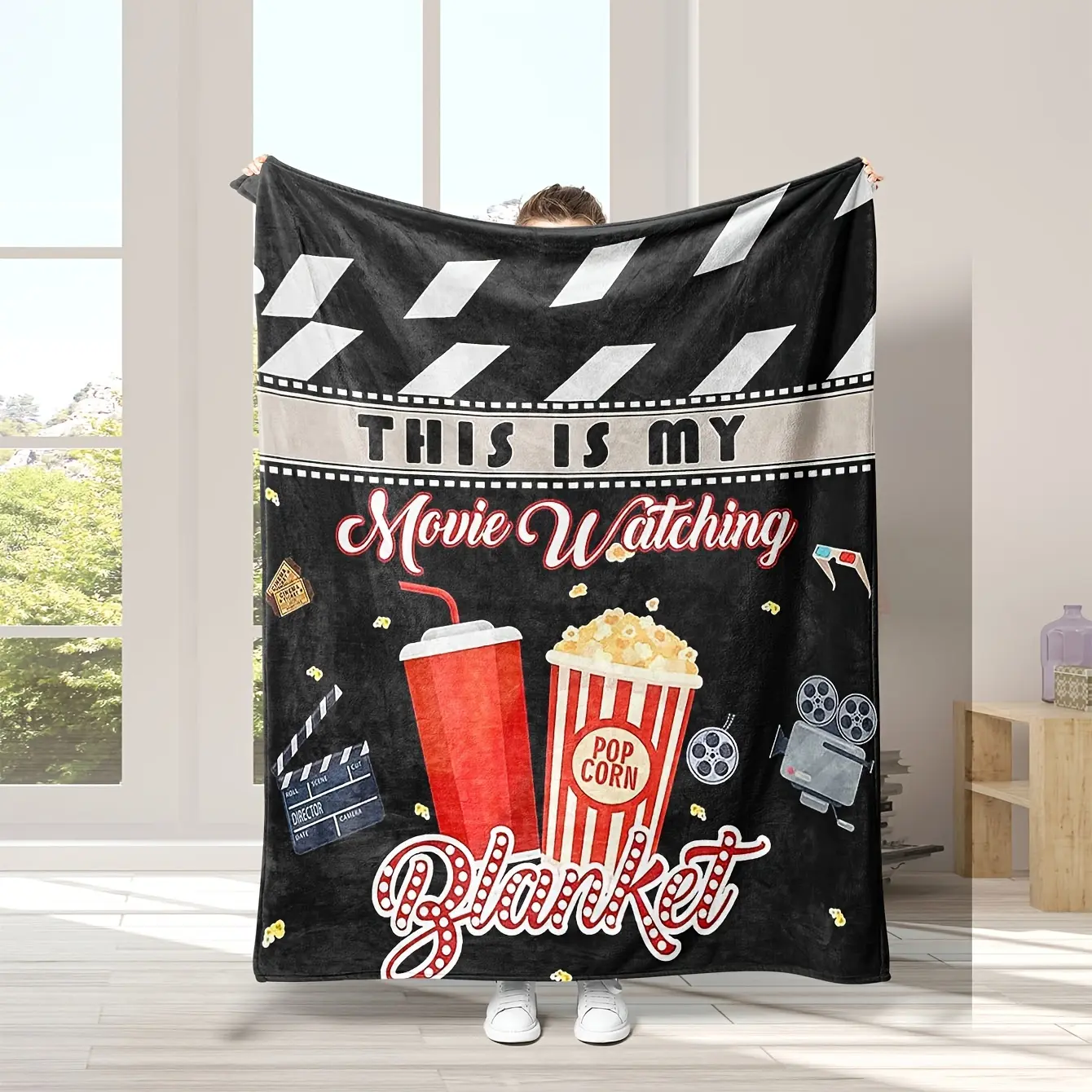 1 digitally printed movie theater popcorn and soda blanket, soft flannel throw blanket, reversible, suitable for all seasons, machine washable, modern style, 250-300g polyester, suitable for sofa, bed, nap, indoor and outdoor use