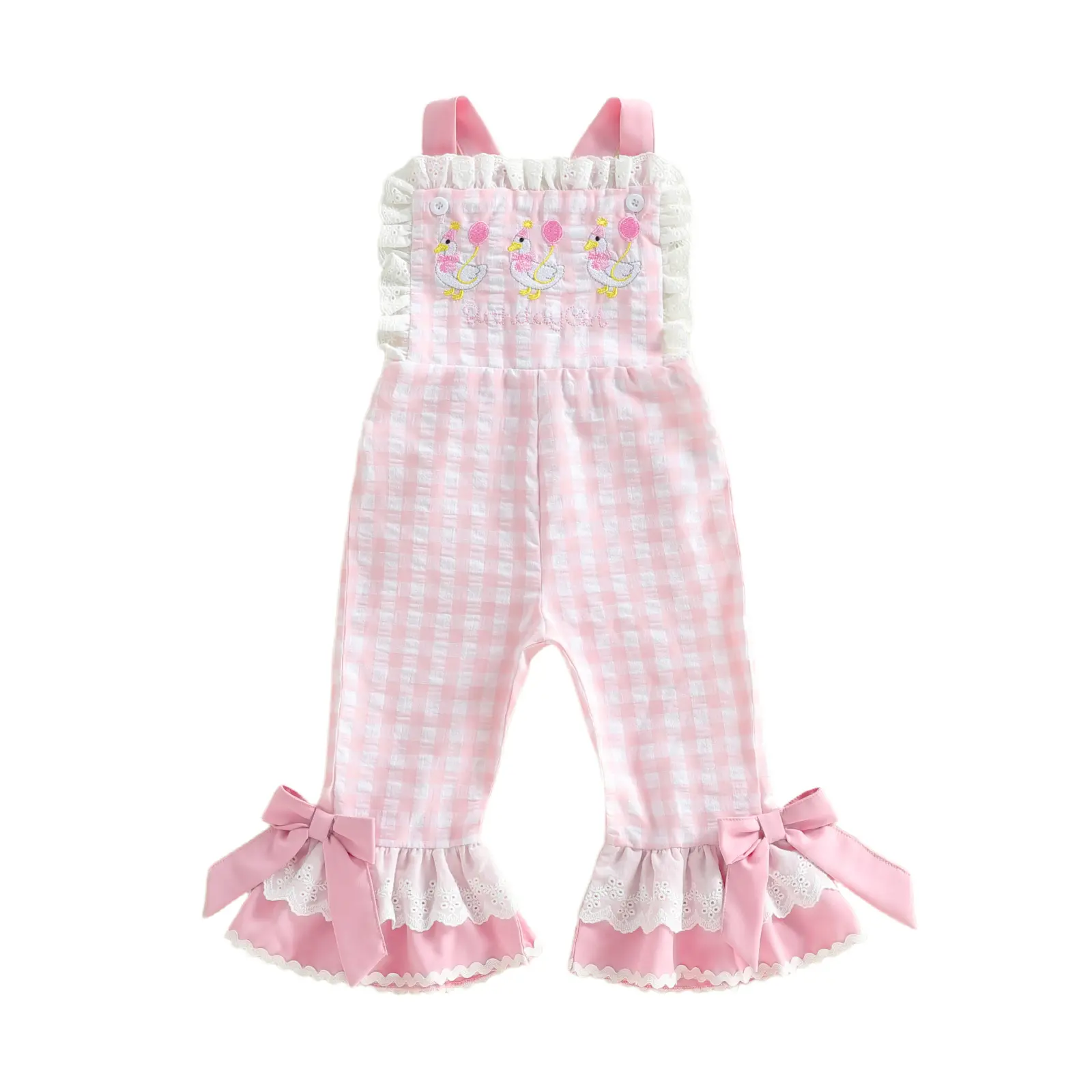 [Lullaby] Kids Girls Overalls, Elegant Plaid Embroidery Goose Flare Pants Clothes for Casual Daily