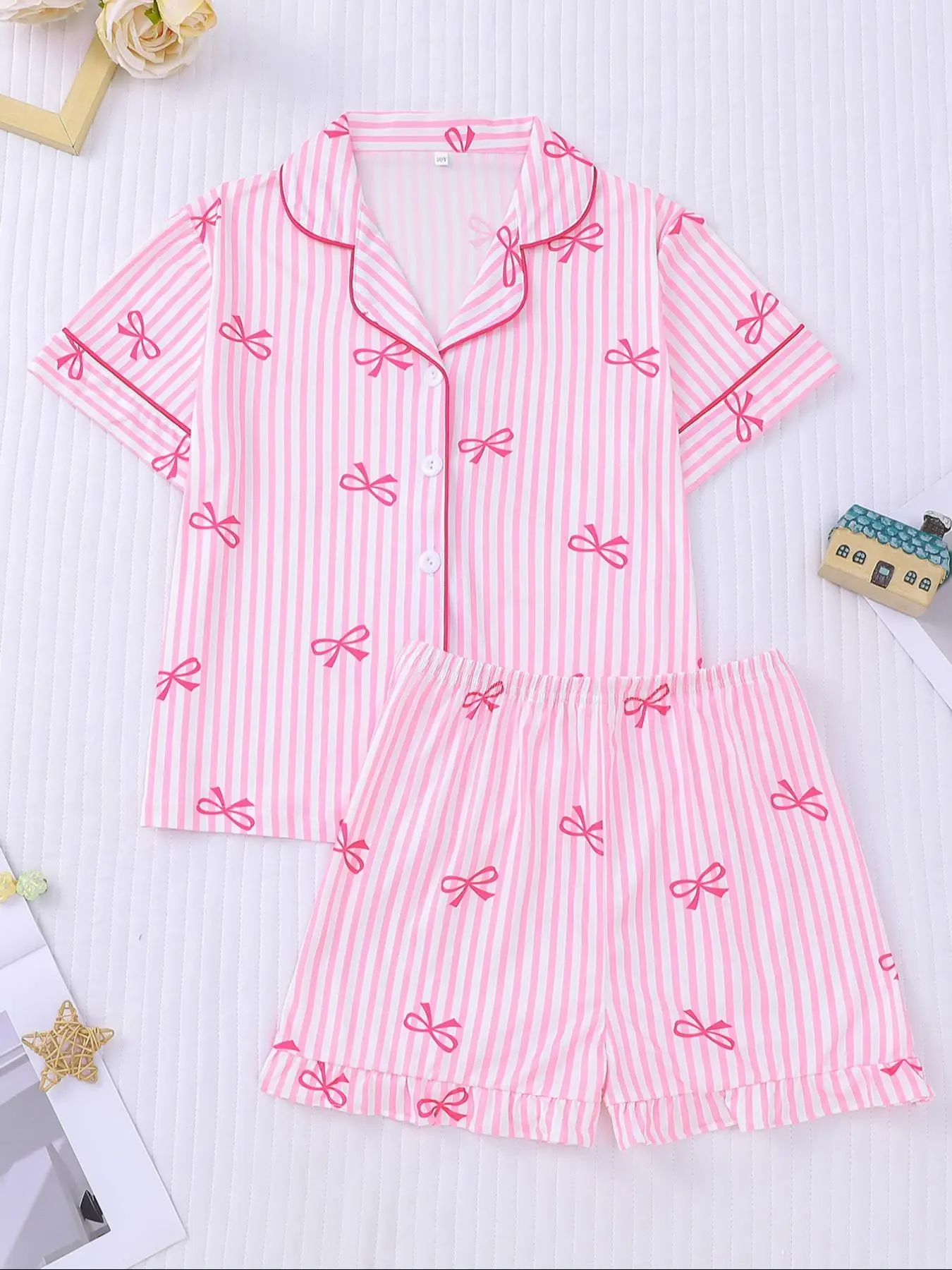 Girl's Bow Print Top & Elastic Waist Shorts Pajama Two-piece Set, Cute Comfy Short Sleeve Top & Shorts Pj Set, Kids Sleepwear for All Seasons, Casual