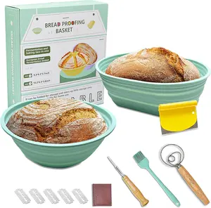 Sourdough Baking Basket - 2 Pack Silicone Banneton Baking Basket, 9 Inch Round & 10 Inch Oval Collapsible Proofing Baskets, Bakeware Utensils