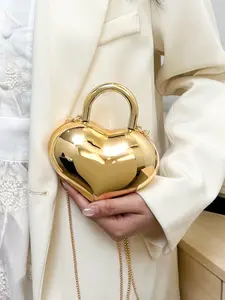 Women's Metallic Heart Clutch Bag, Mini Handbag with Chain Strap, Versatile Crossbody Purse for Parties & Weddings