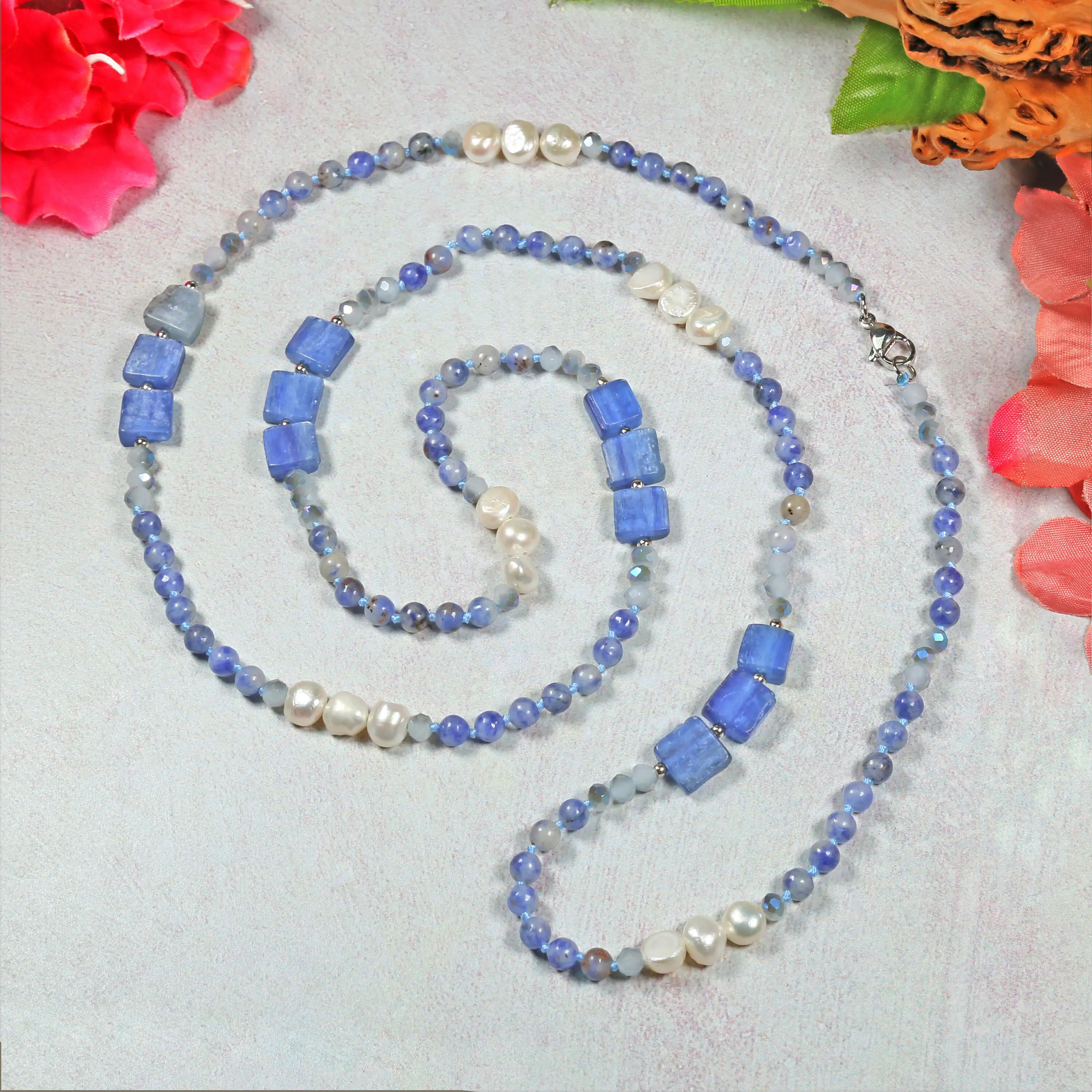 Kyanite, Sodalite and Freshwater Pearls Necklace.