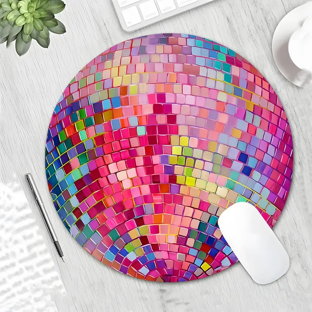 Fashionable Pastel Disco Ball Gaming Round Mouse Pad, Decorative Desk Protector with Rubber Anti-Slip Lock Edge, Washable Small Size for PC, Laptop Games, Work & Home Use, Perfect Gift for Boys, Girls & Kids, Computer Mouse Pad